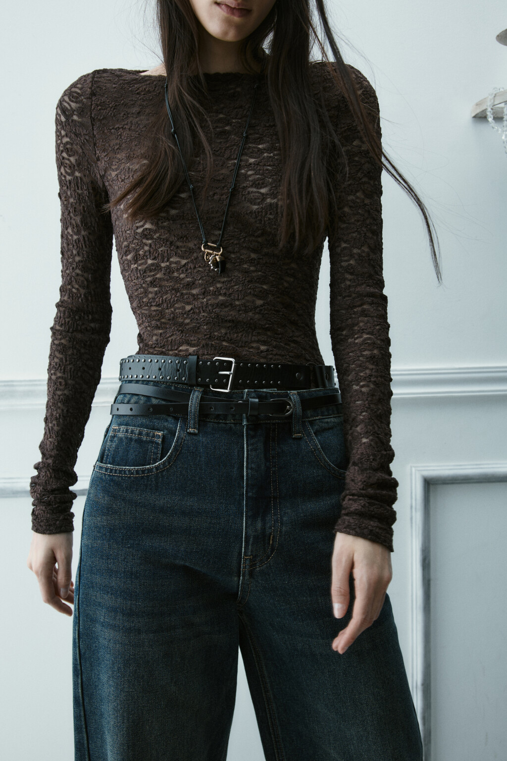 Блузка-боди кружевная - цвет коричневый - 2