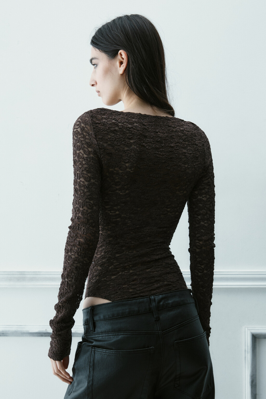 Блузка-боди кружевная - цвет коричневый - 4