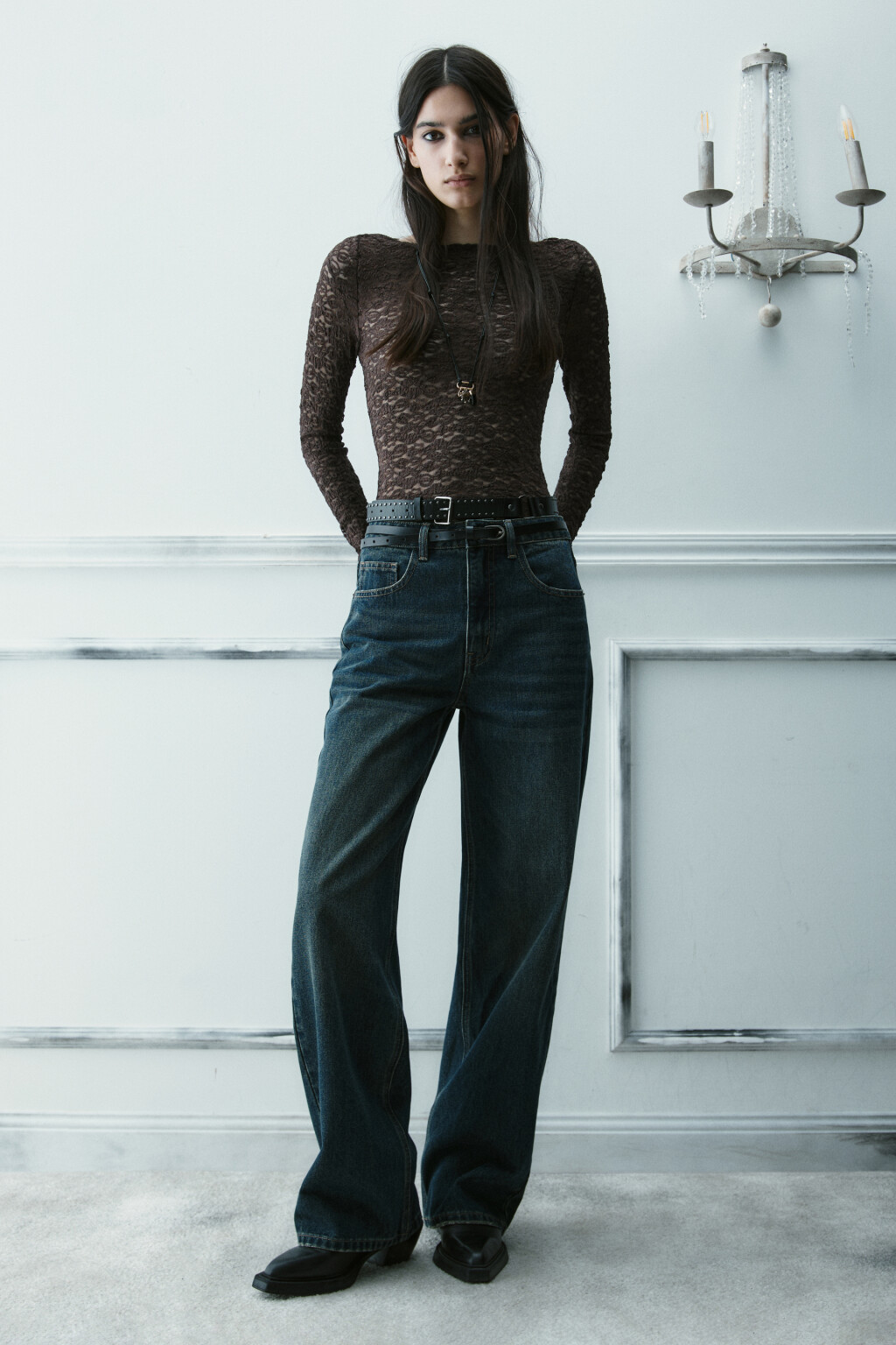 Блузка-боди кружевная - цвет коричневый - 5