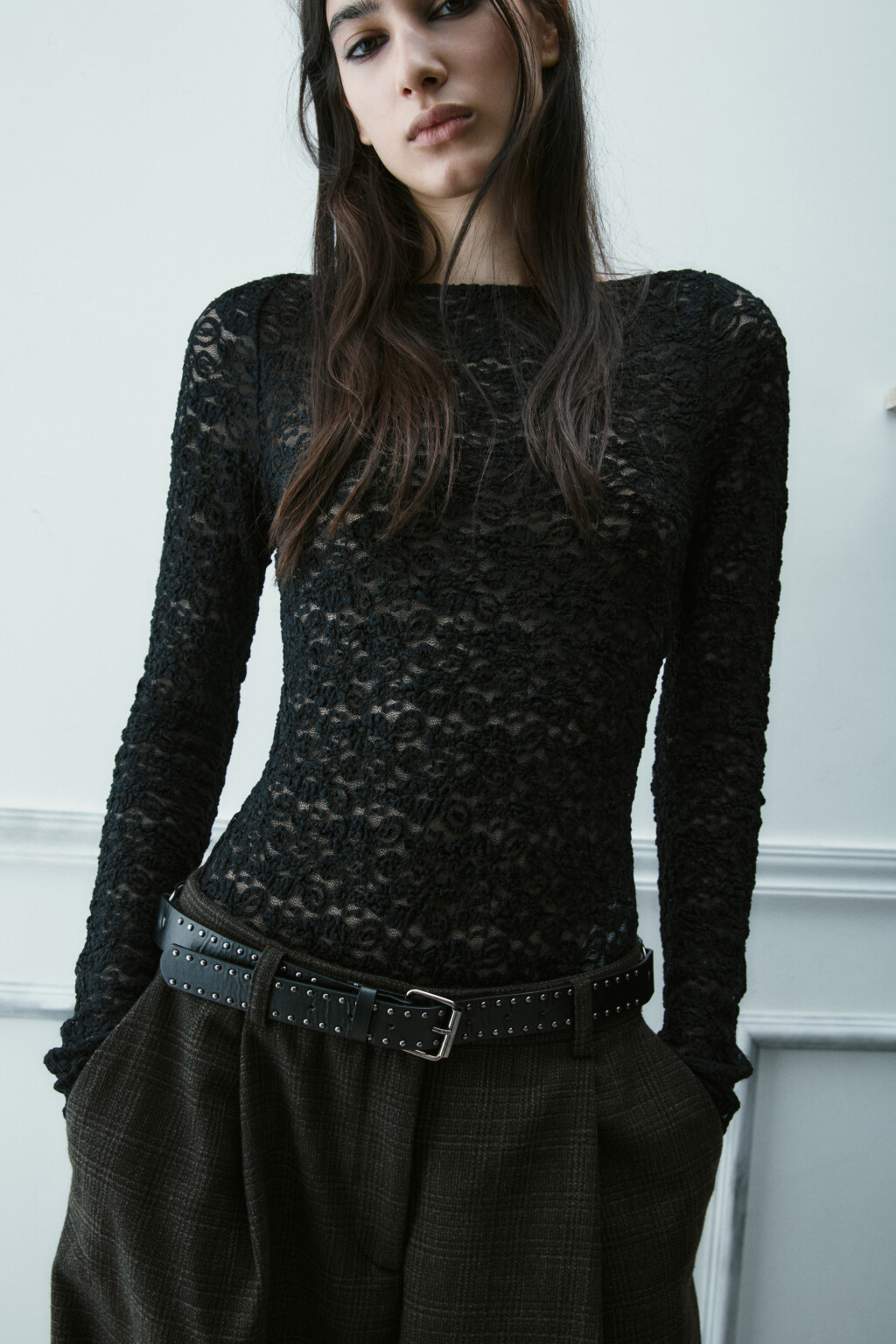 Блузка-боди кружевная - цвет черный - 1