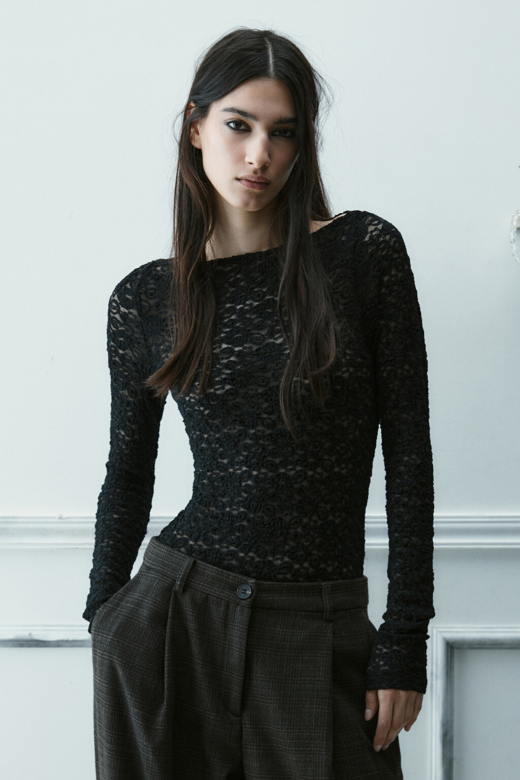 Блузка-боди кружевная - цвет черный - 3