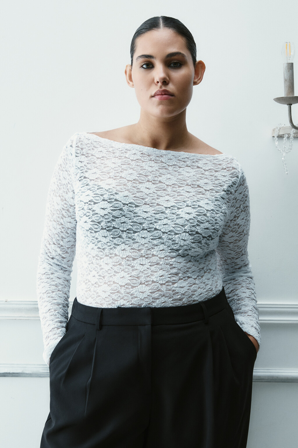 Блузка-боди кружевная - цвет белый - 3