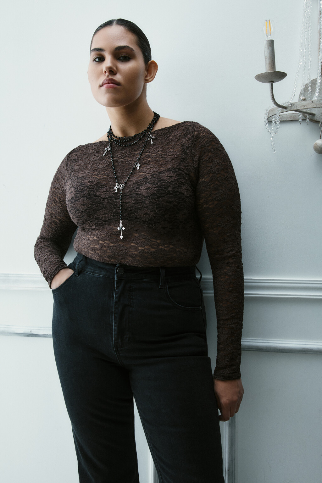 Блузка-боди кружевная - цвет коричневый - 1