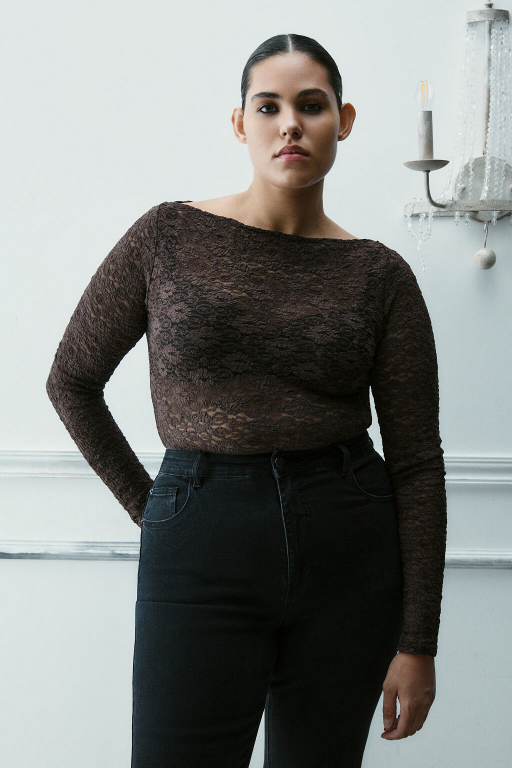 Блузка-боди кружевная - цвет коричневый - 2