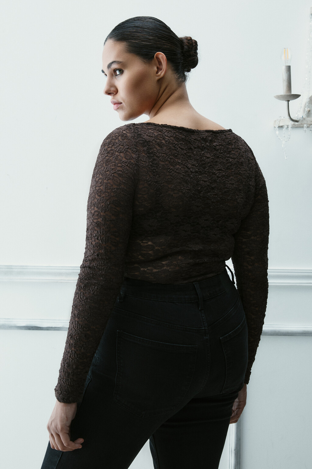 Блузка-боди кружевная - цвет коричневый - 3