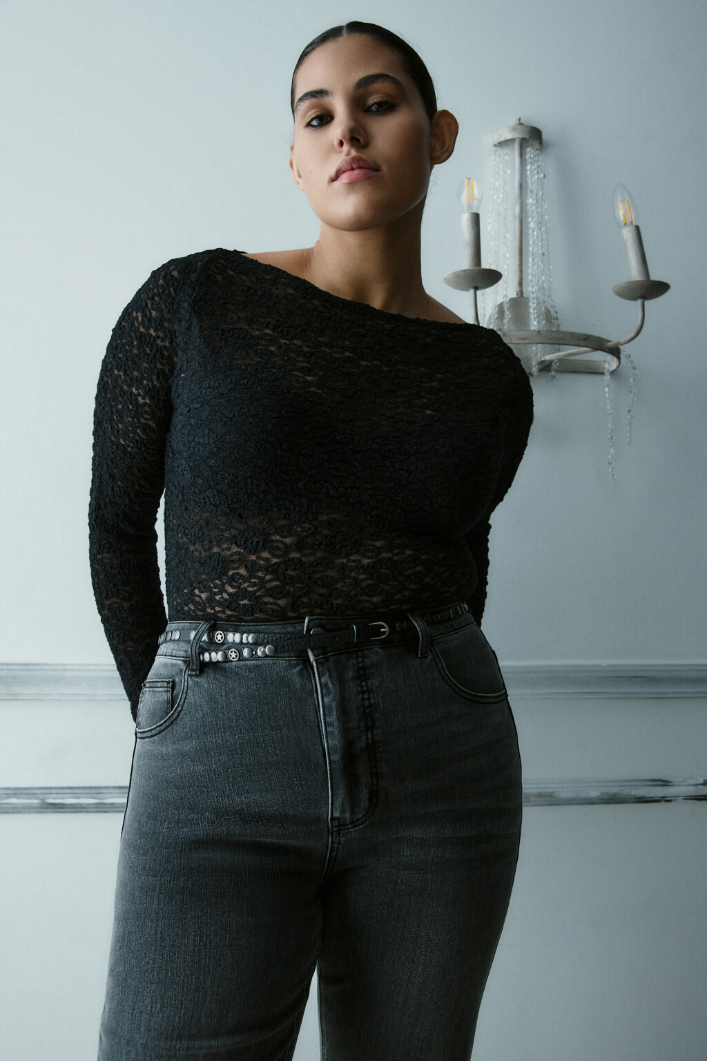 Блузка-боди кружевная - цвет черный - 1