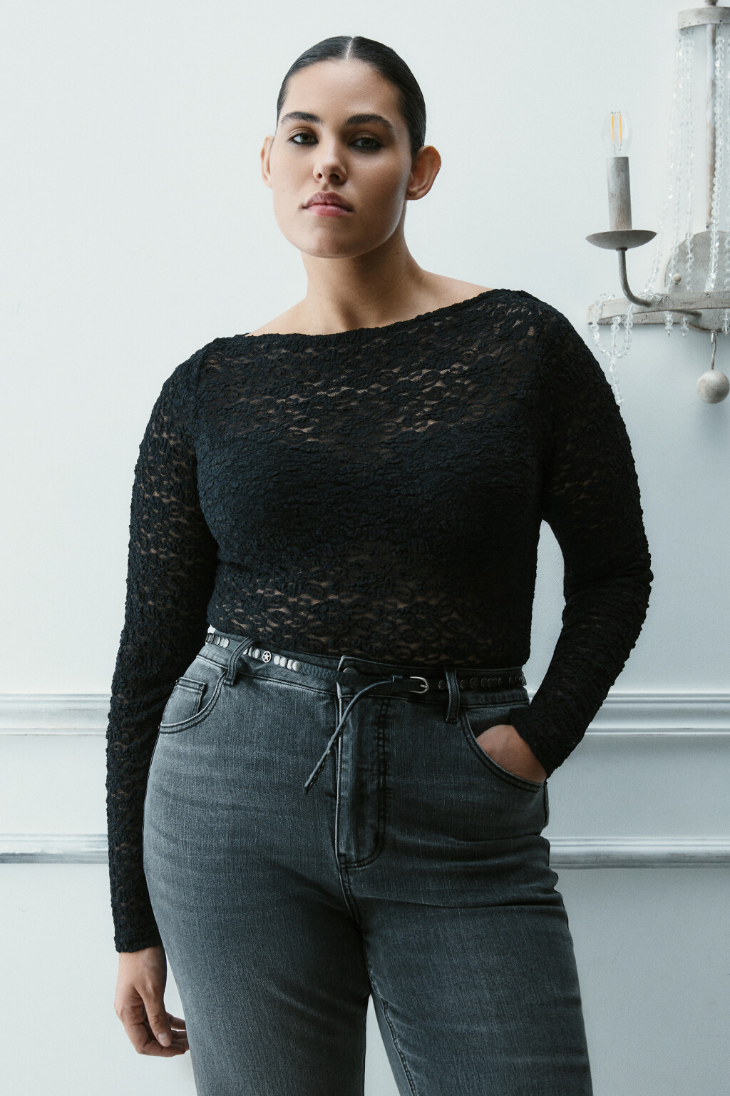 Блузка-боди кружевная - цвет черный - 2