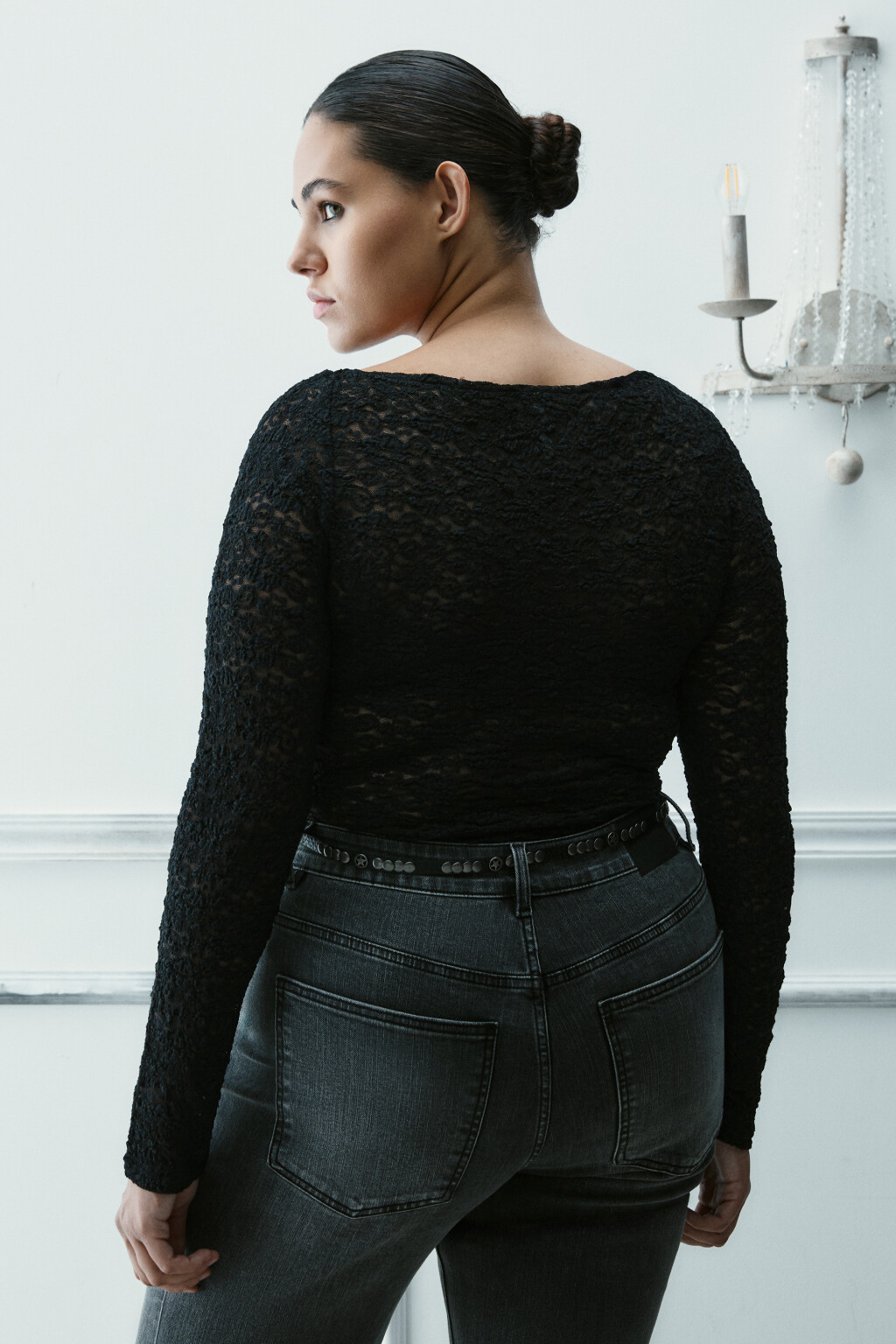 Блузка-боди кружевная - цвет черный - 3