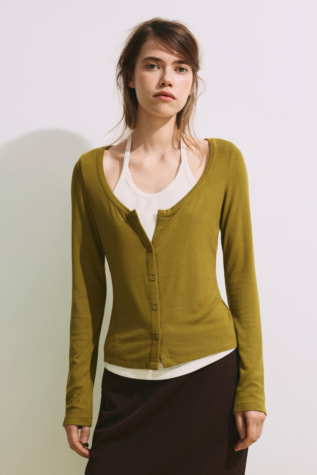 Лонгслив на пуговицах с имитацией майки - цвет зеленый - 5