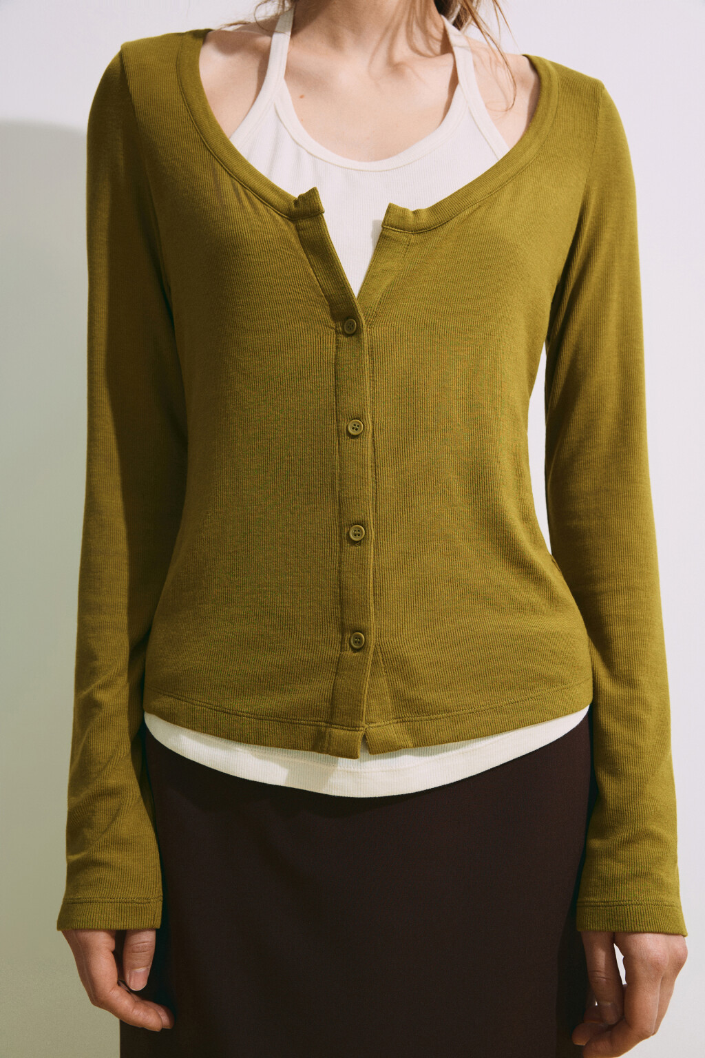 Лонгслив на пуговицах с имитацией майки - цвет зеленый - 9