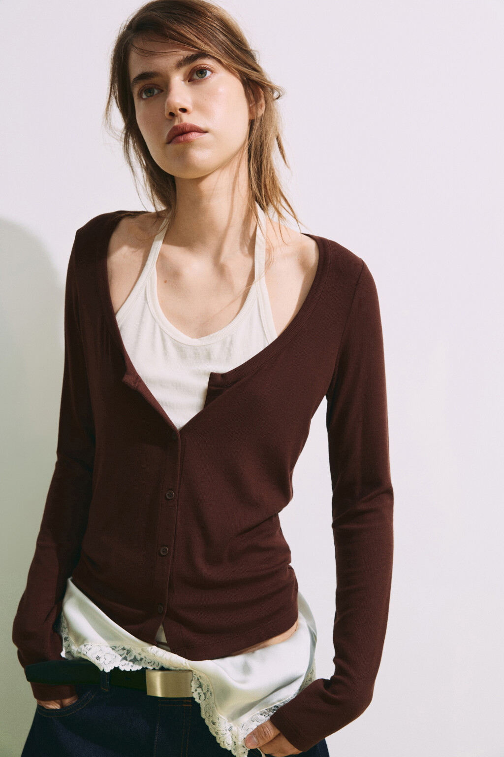 Лонгслив на пуговицах с имитацией майки - цвет коричневый - 1