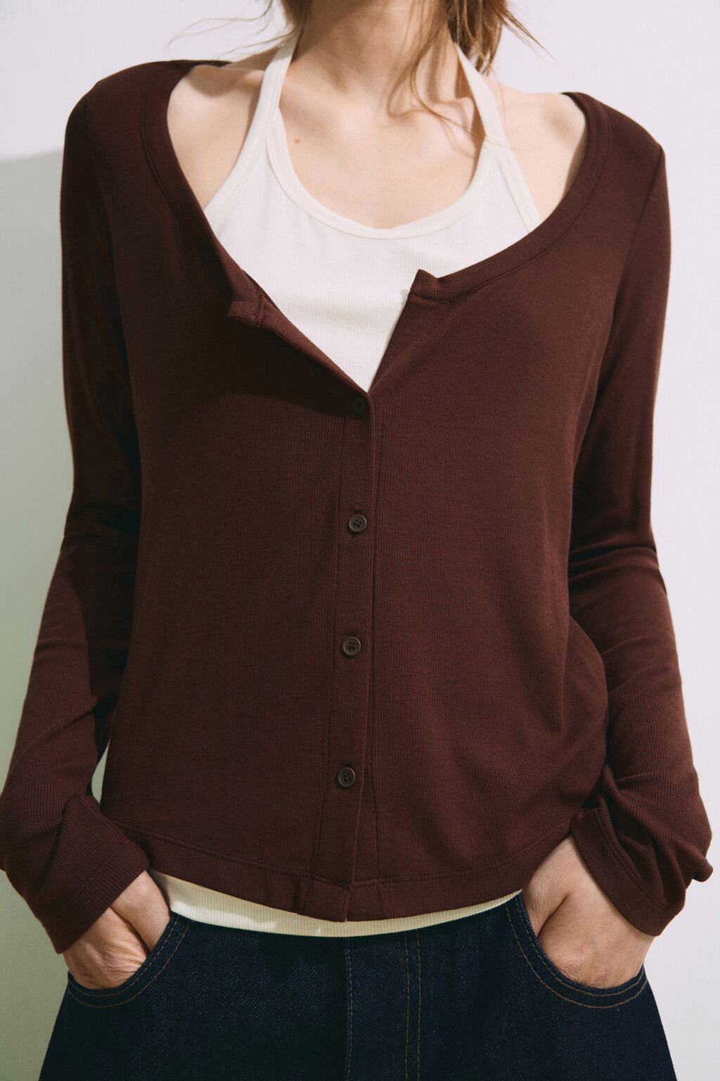 Лонгслив на пуговицах с имитацией майки - цвет коричневый - 6