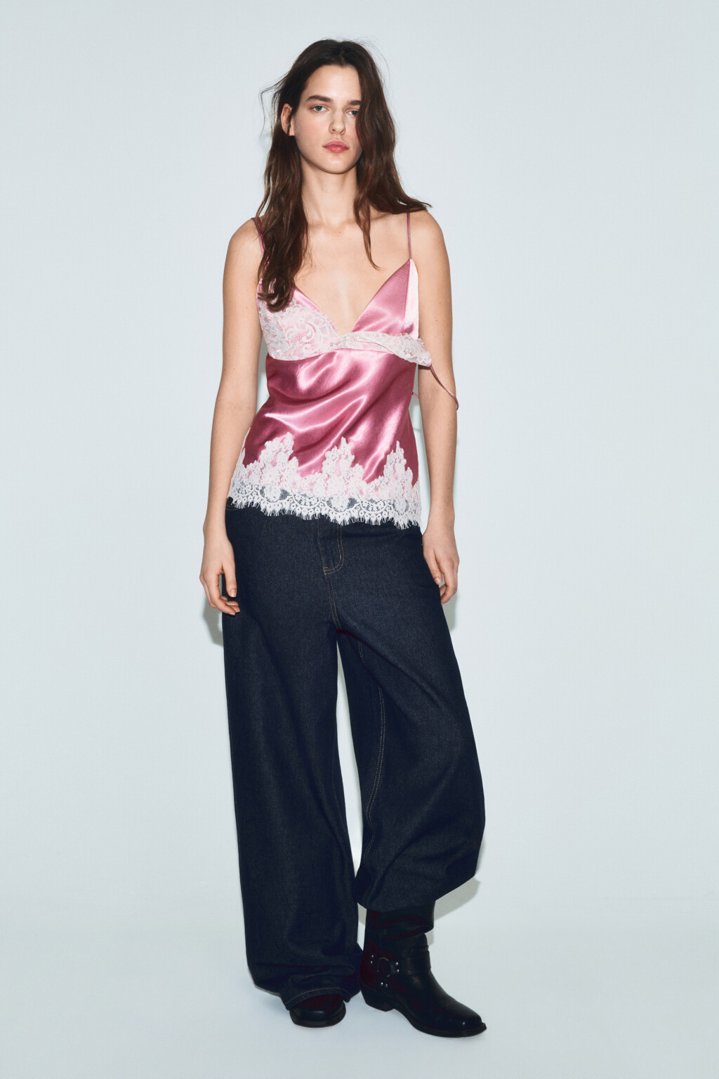 Майка-топ атласная с кружевом - цвет розовый - 5