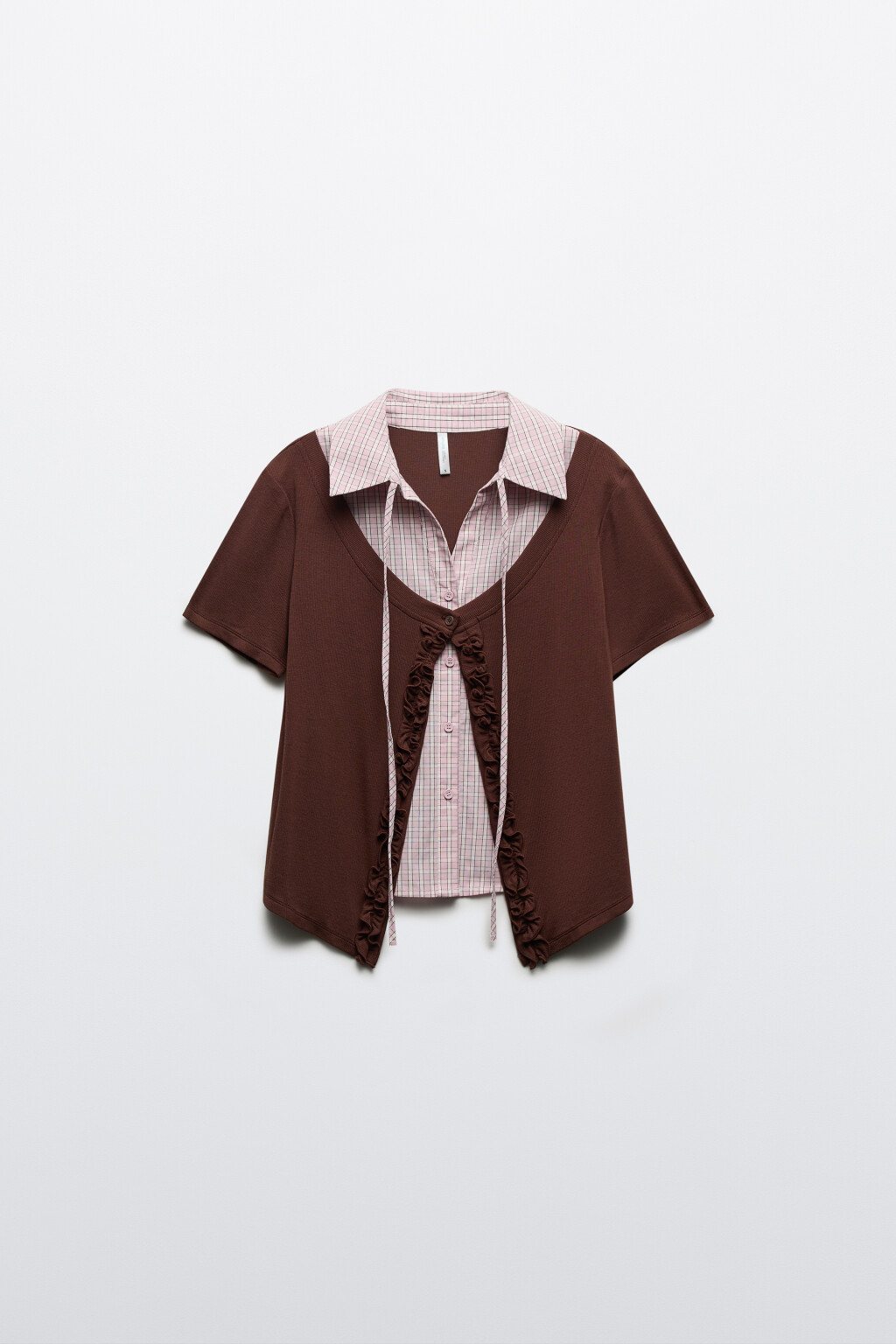 Рубашка клетчатая с джемпером - цвет коричневый - 7