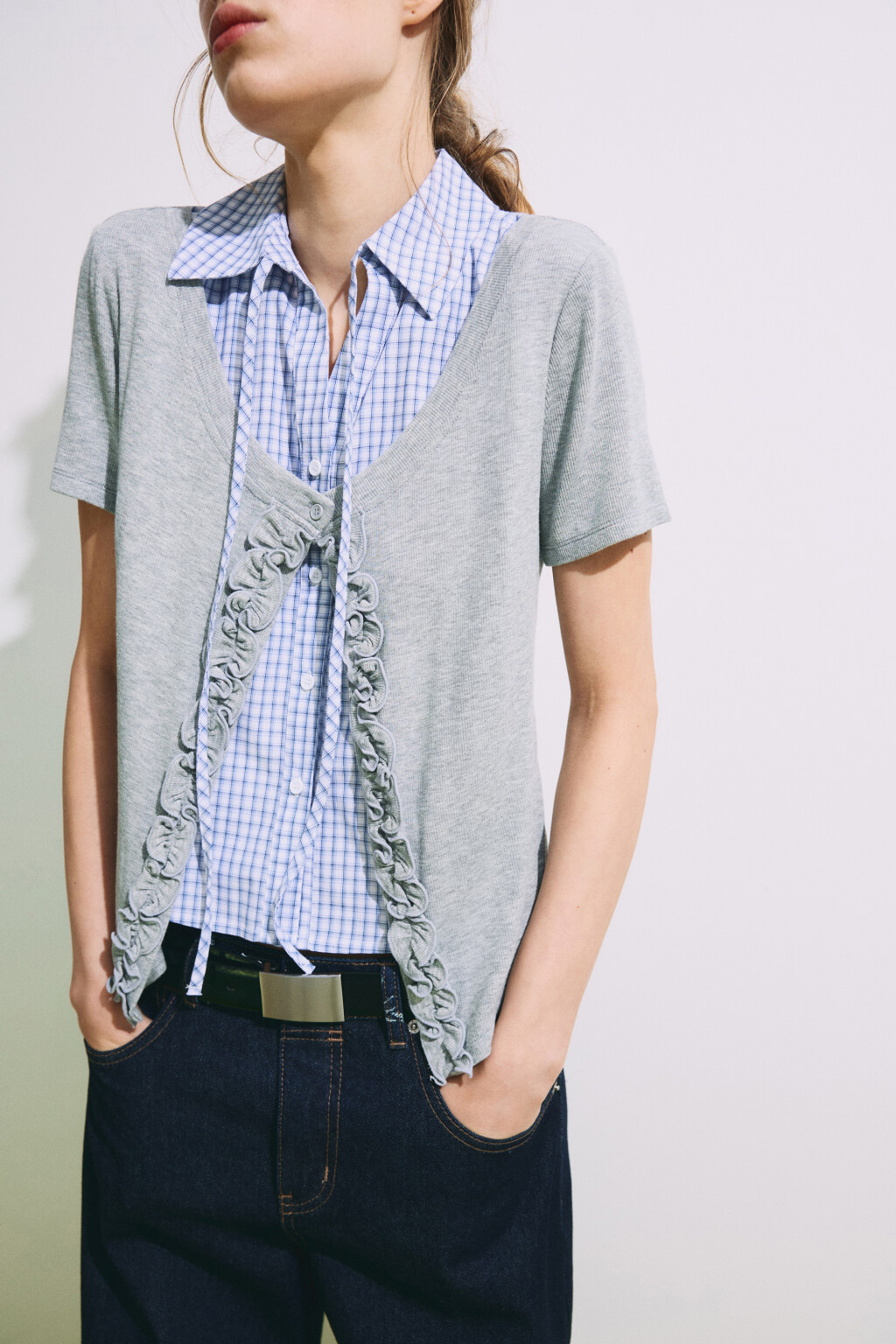 Рубашка клетчатая с джемпером - цвет серый - 1