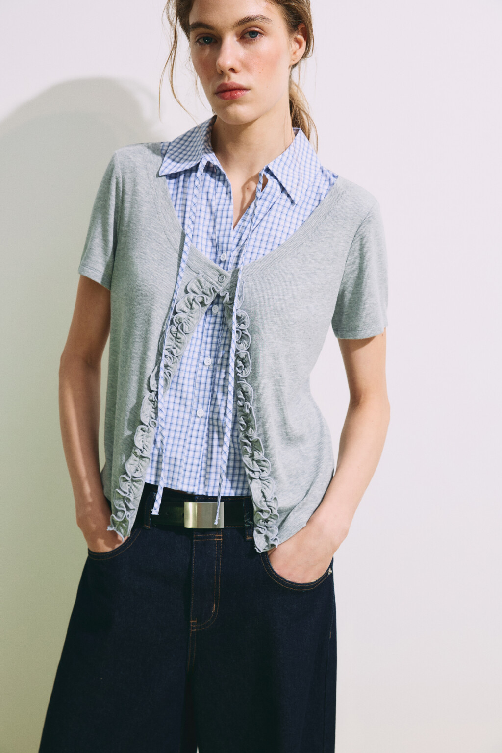 Рубашка клетчатая с джемпером - цвет серый - 2