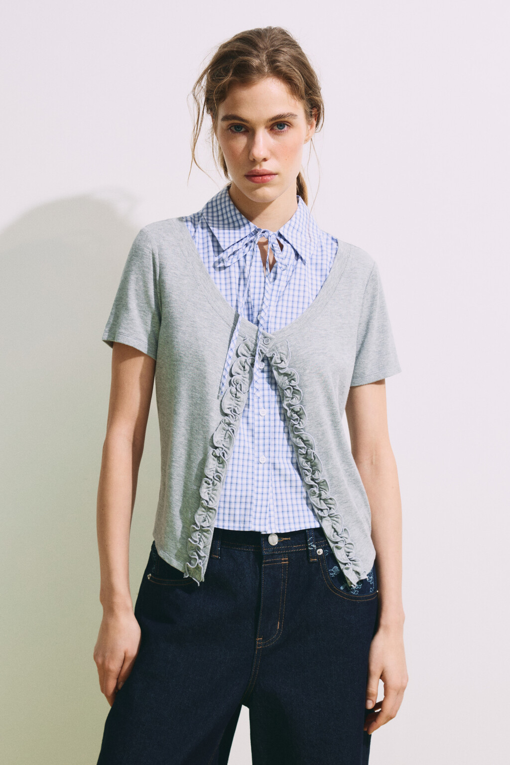 Рубашка клетчатая с джемпером - цвет серый - 3