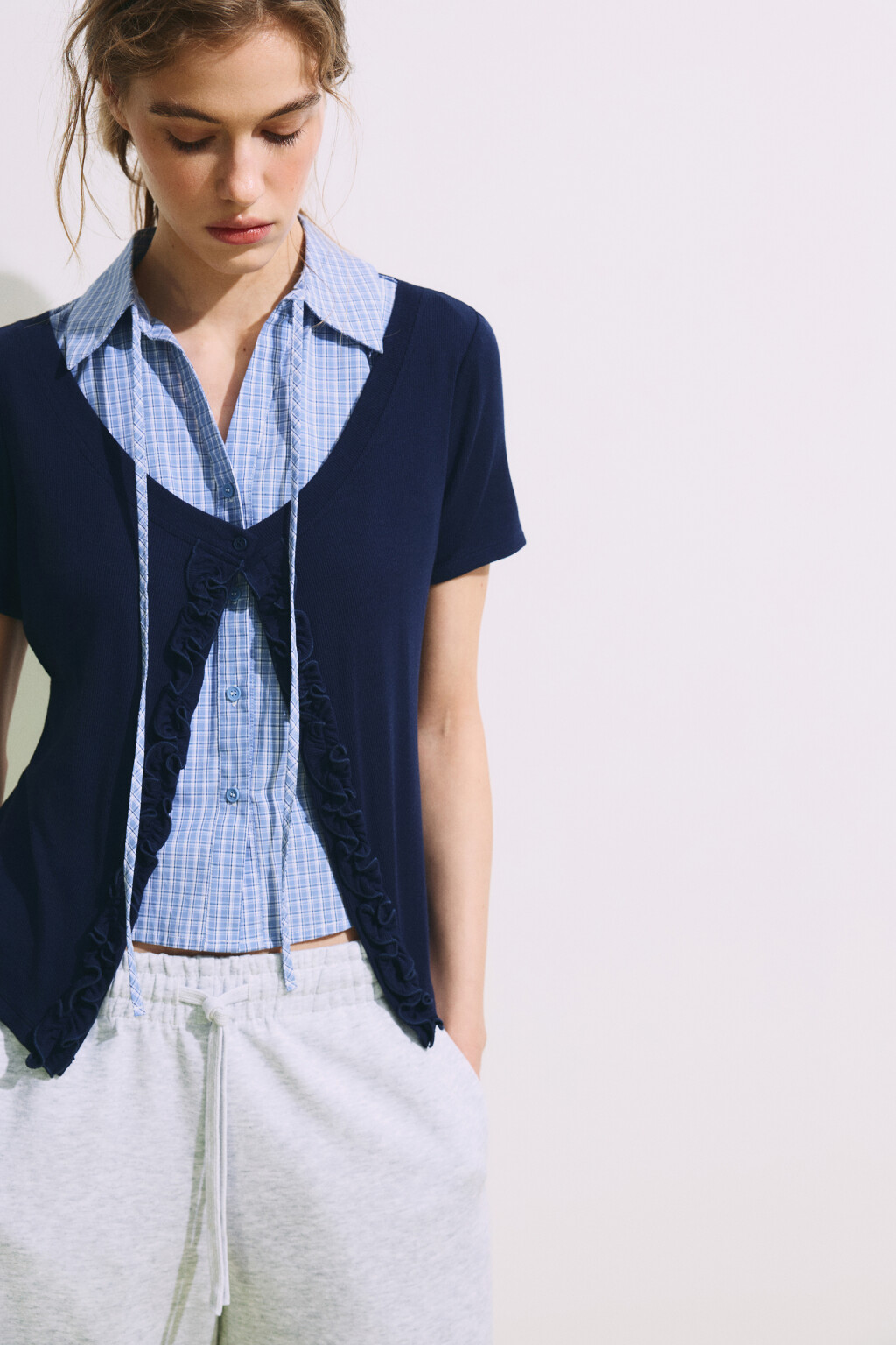 Рубашка клетчатая с джемпером - цвет синий - 1