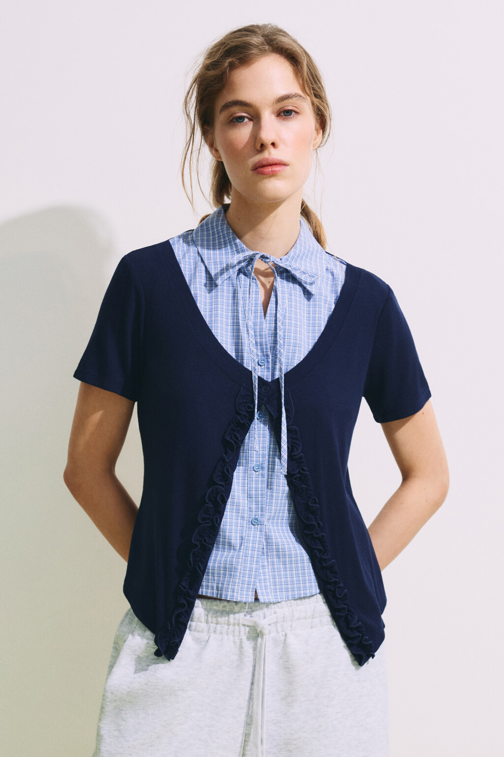 Рубашка клетчатая с джемпером - цвет синий - 2