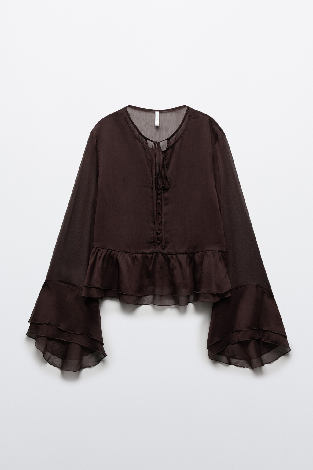 Блузка шифоновая на завязках с воланами - цвет коричневый - 1