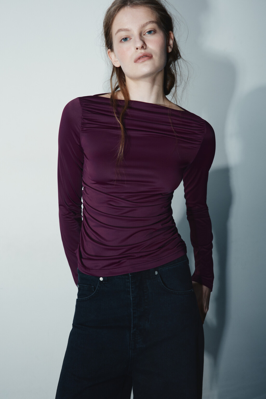 Блузка полуприлегающая с оборками - цвет фиолетовый - 1