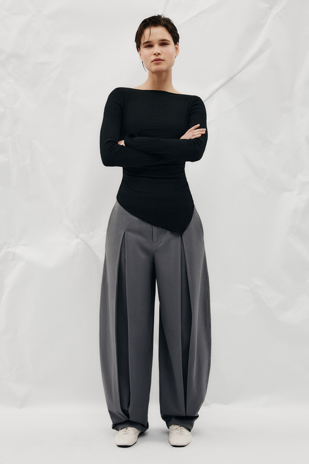 Лонгслив облегающий из жатой ткани - цвет черный - 4