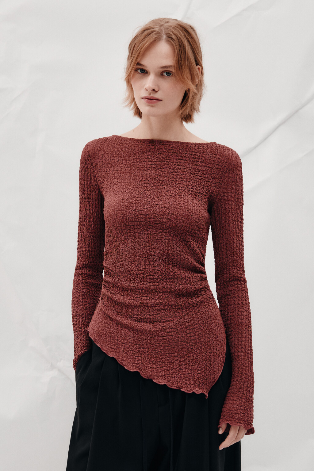 Лонгслив облегающий из жатой ткани - цвет розовый - 2