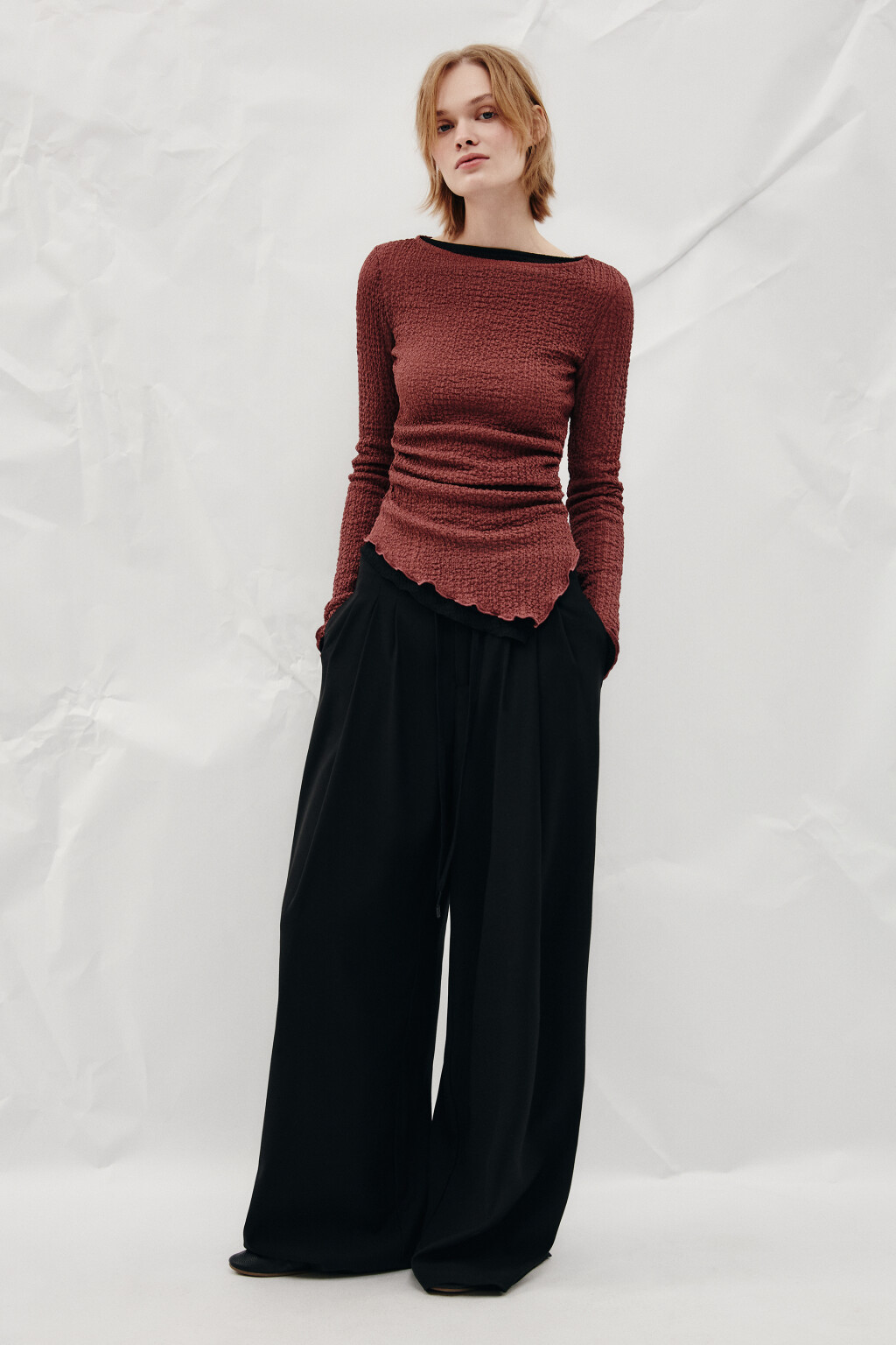 Лонгслив облегающий из жатой ткани - цвет розовый - 4