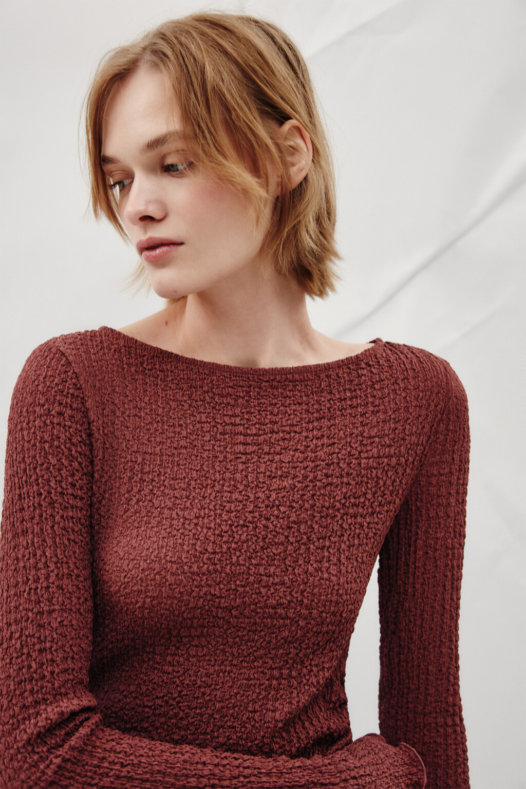 Лонгслив облегающий из жатой ткани - цвет розовый - 5