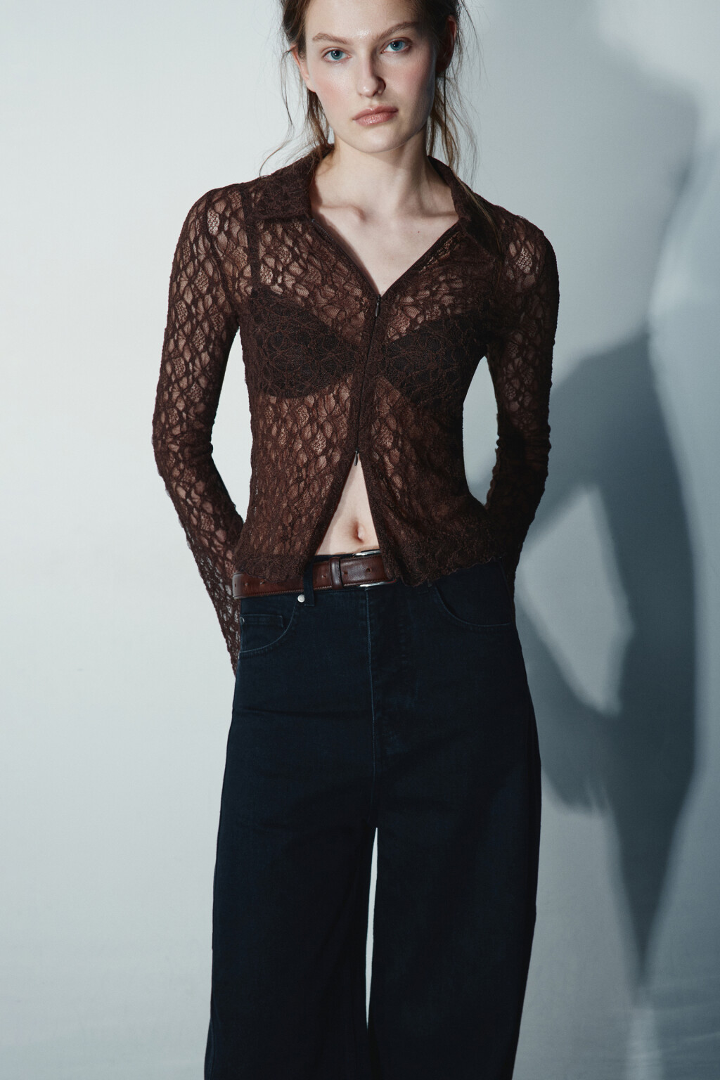 Блузка кружевная на молнии - цвет коричневый - 1