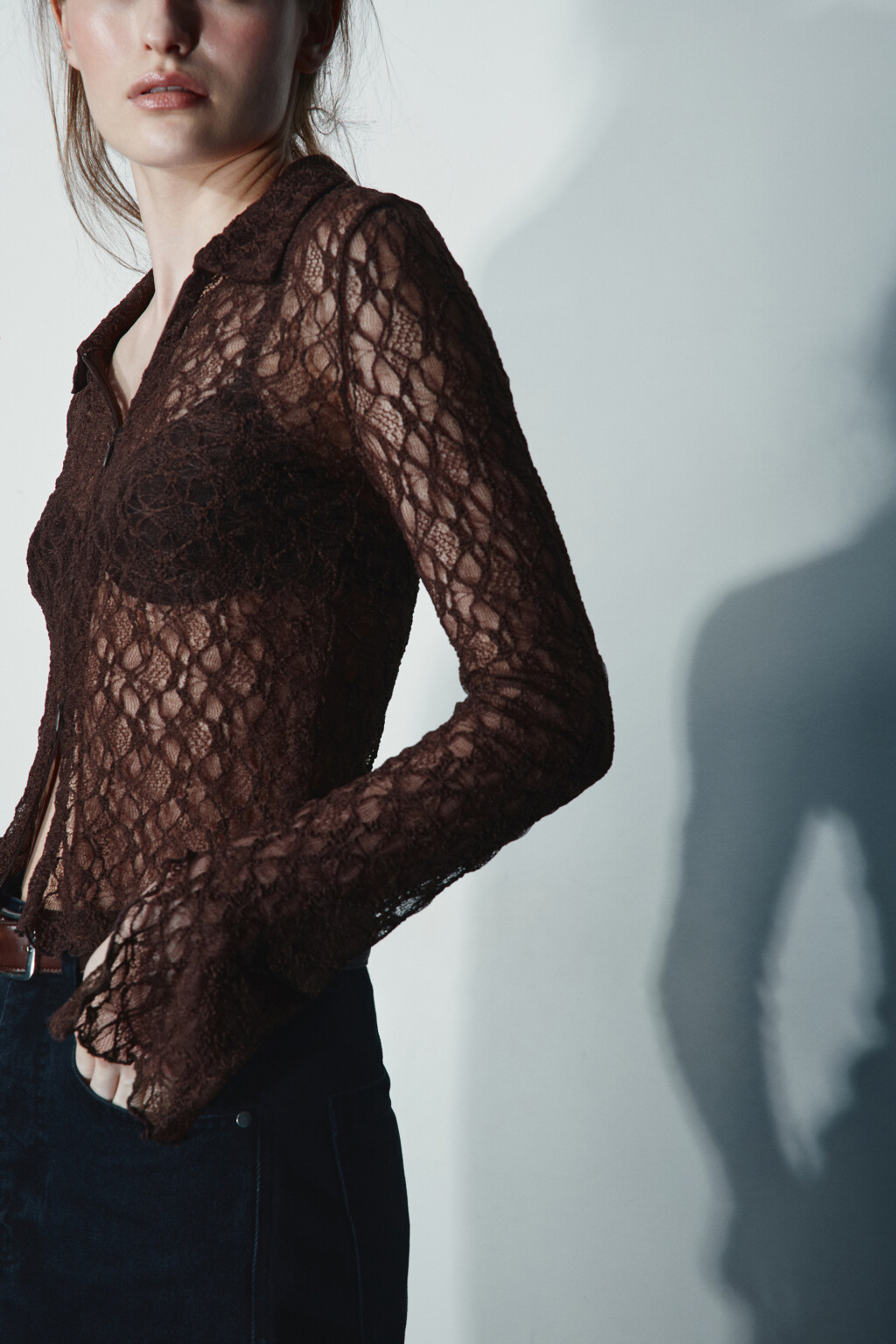 Блузка кружевная на молнии - цвет коричневый - 2