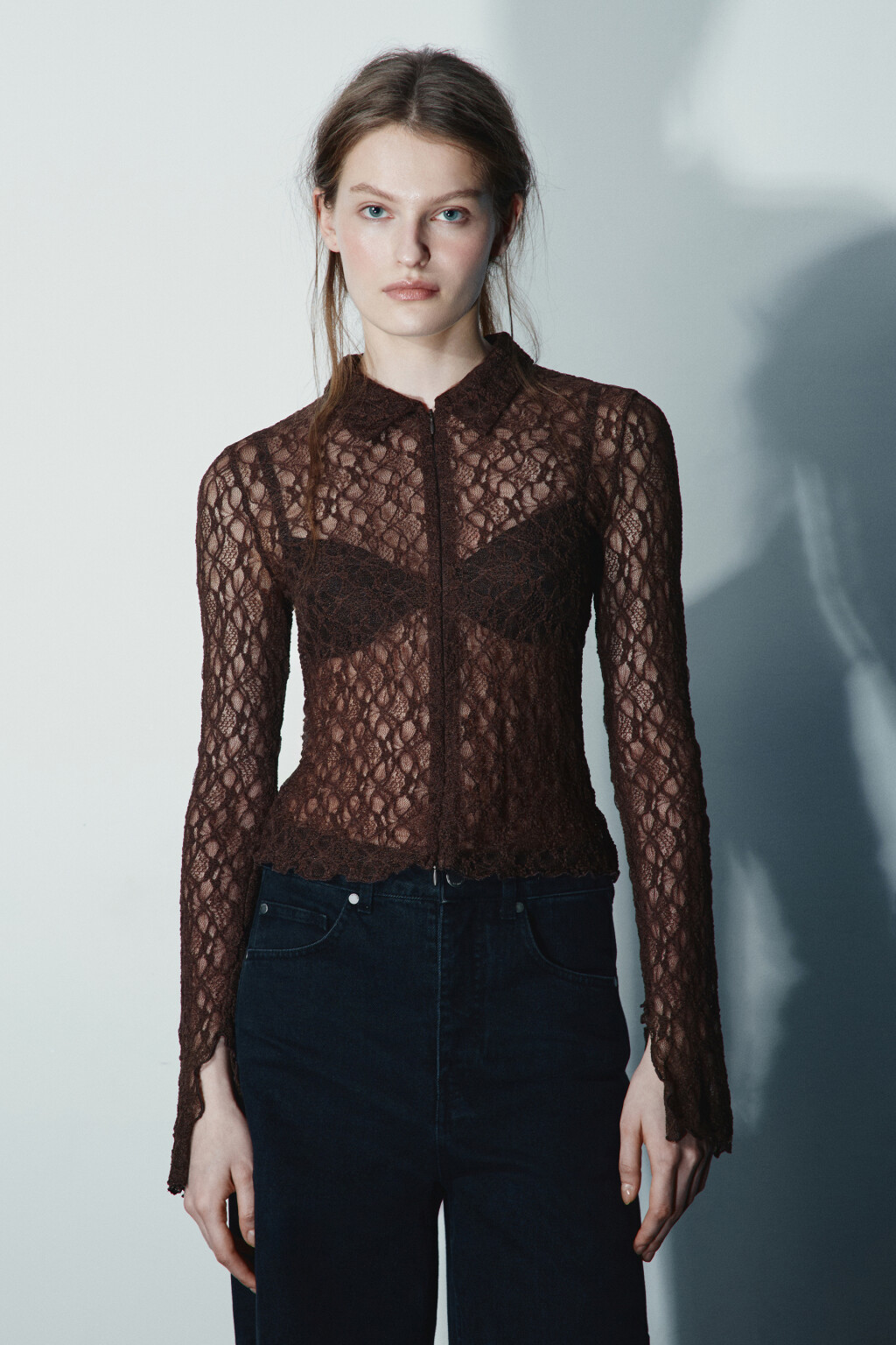 Блузка кружевная на молнии - цвет коричневый - 3