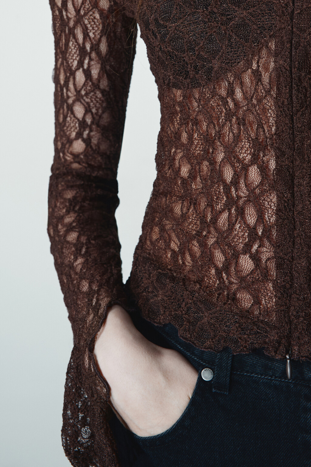 Блузка кружевная на молнии - цвет коричневый - 6