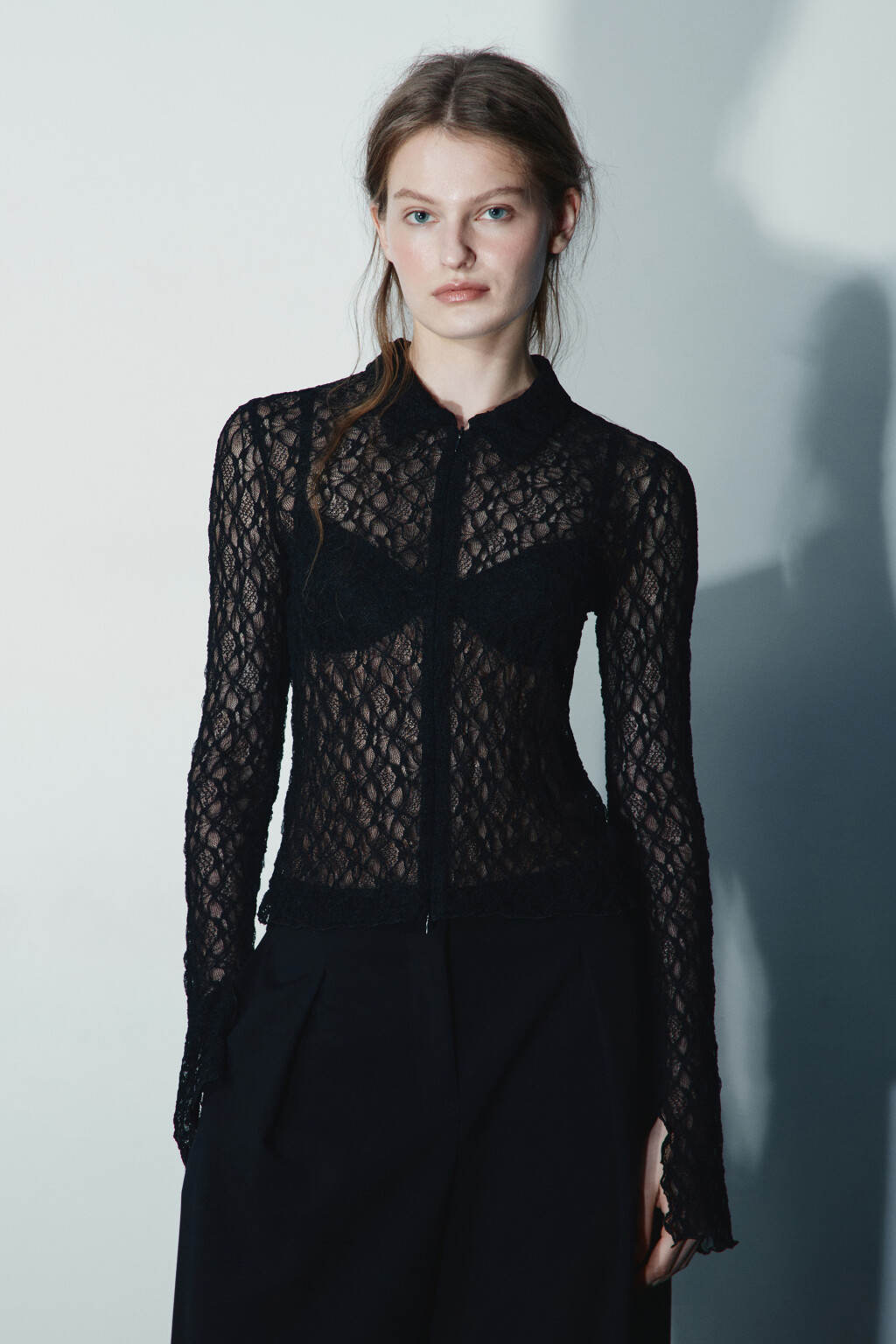 Блузка кружевная на молнии - цвет черный - 2