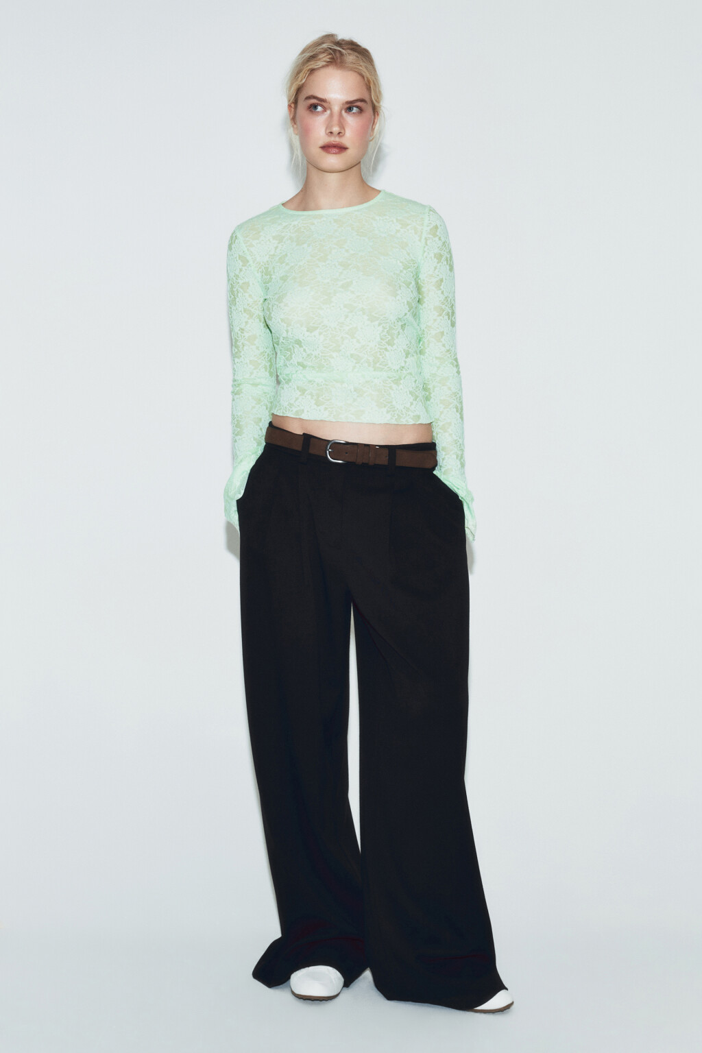 Лонгслив полуприлегающий ажурный - цвет зеленый - 4