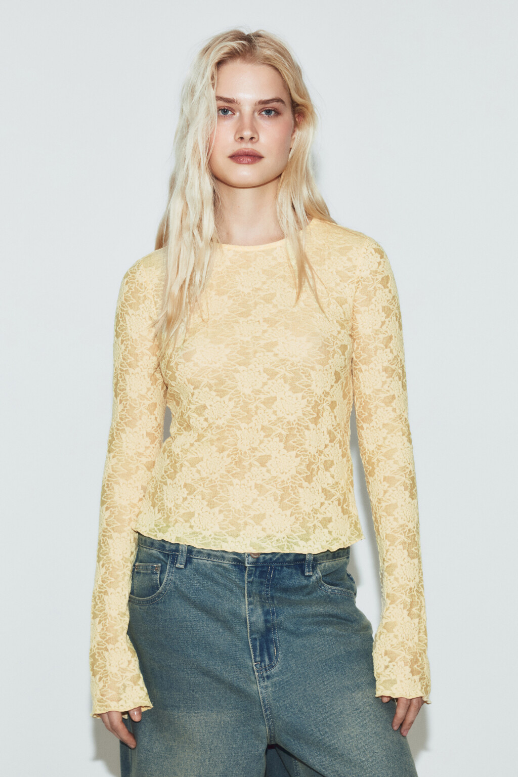Лонгслив полуприлегающий ажурный - цвет ванильный - 3