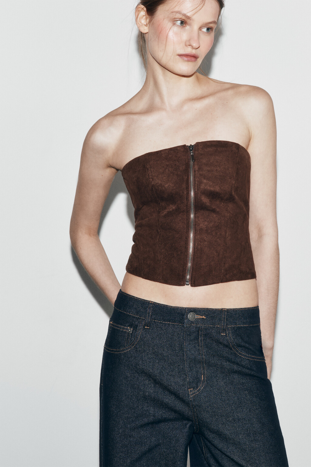 Топ-корсет на молнии велюровый - цвет коричневый - 1