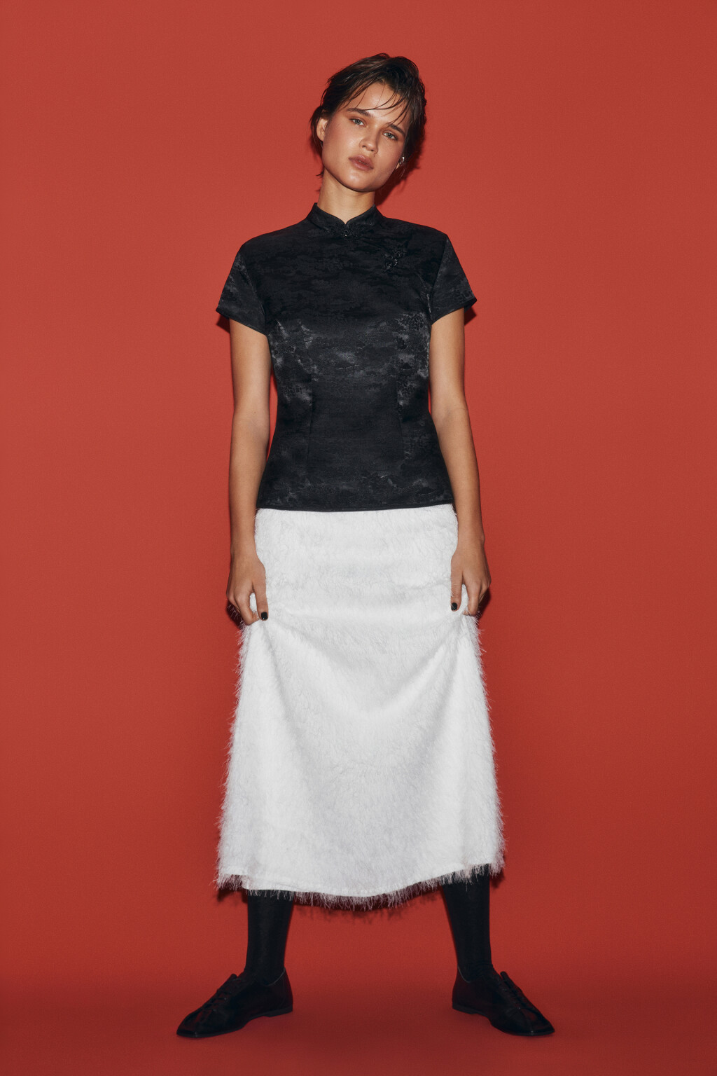 Блузка атласная в азиатском стиле - цвет черный - 6