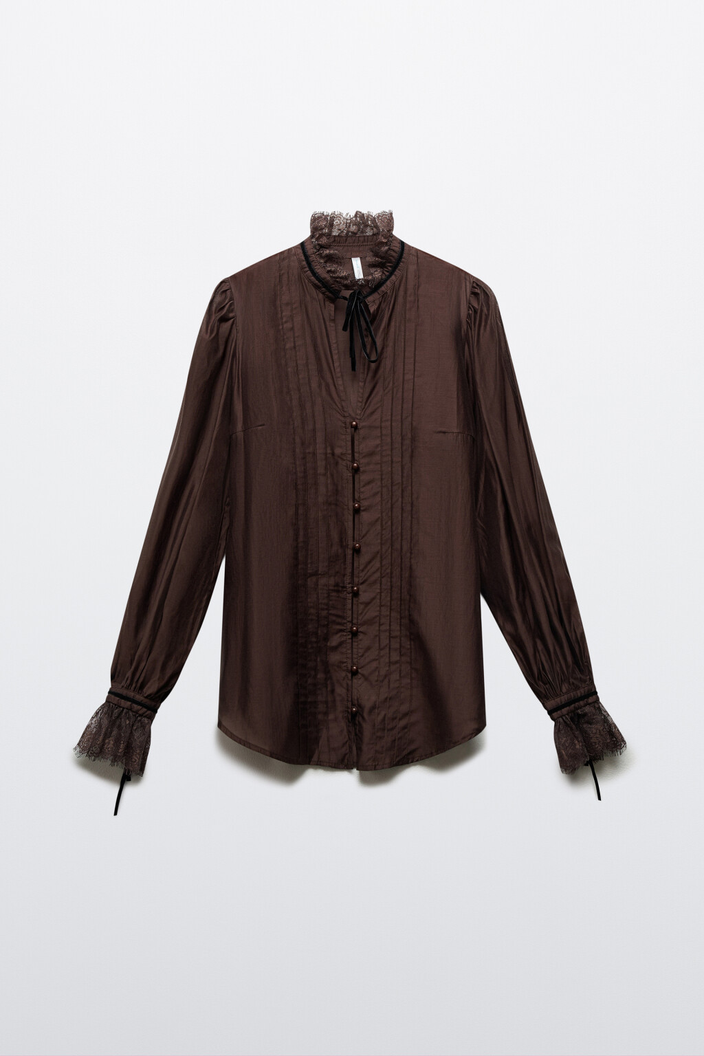 Блузка шифоновая с кружевными манжетами и воротником - цвет коричневый - 1