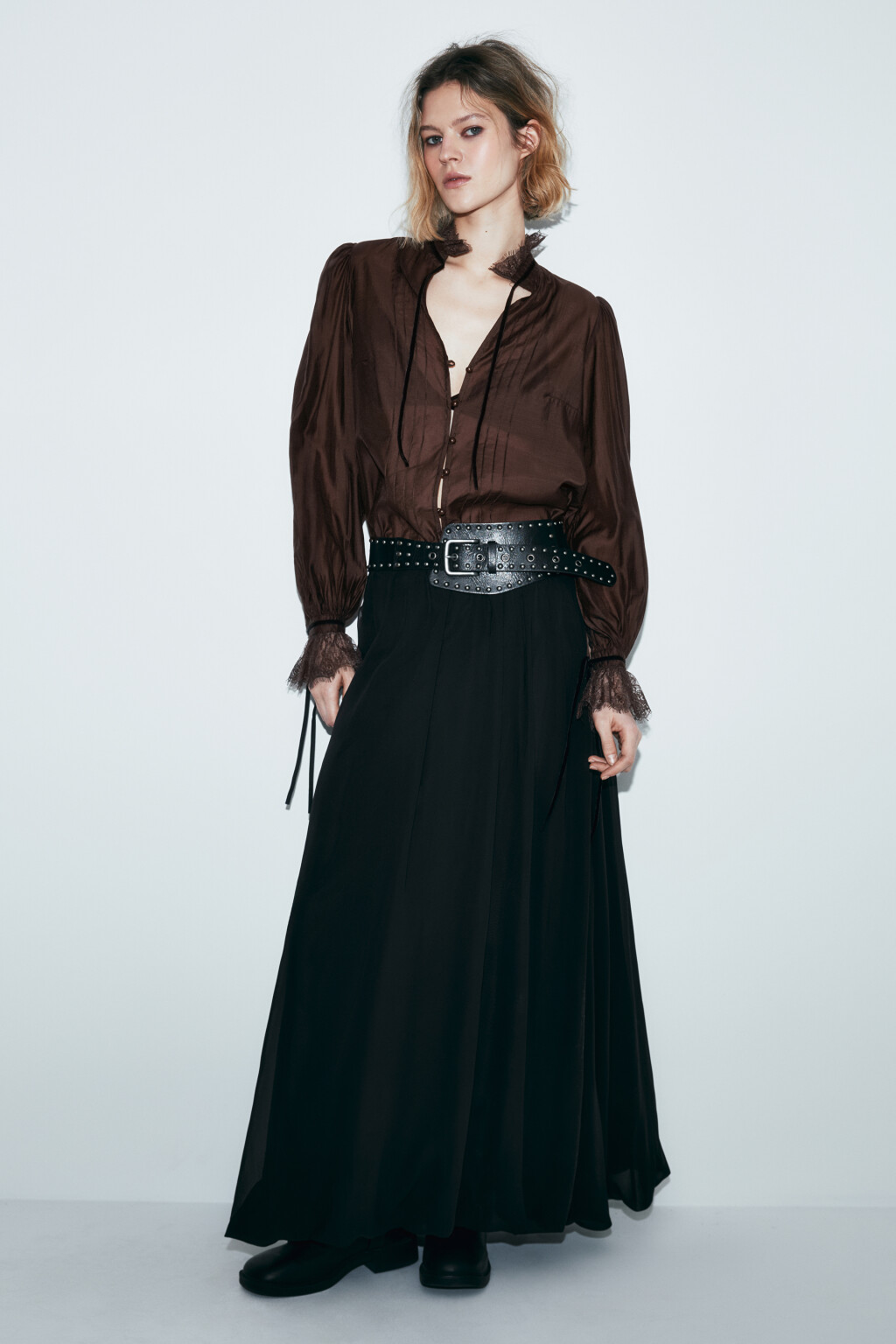 Блузка шифоновая с кружевными манжетами и воротником - цвет коричневый - 6