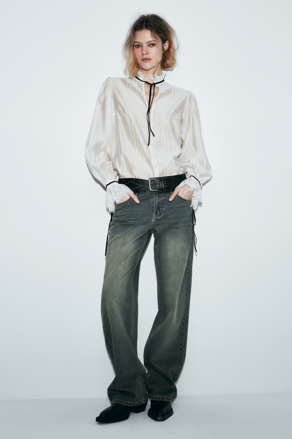 Блузка шифоновая с кружевными манжетами и воротником - цвет молочный - 5