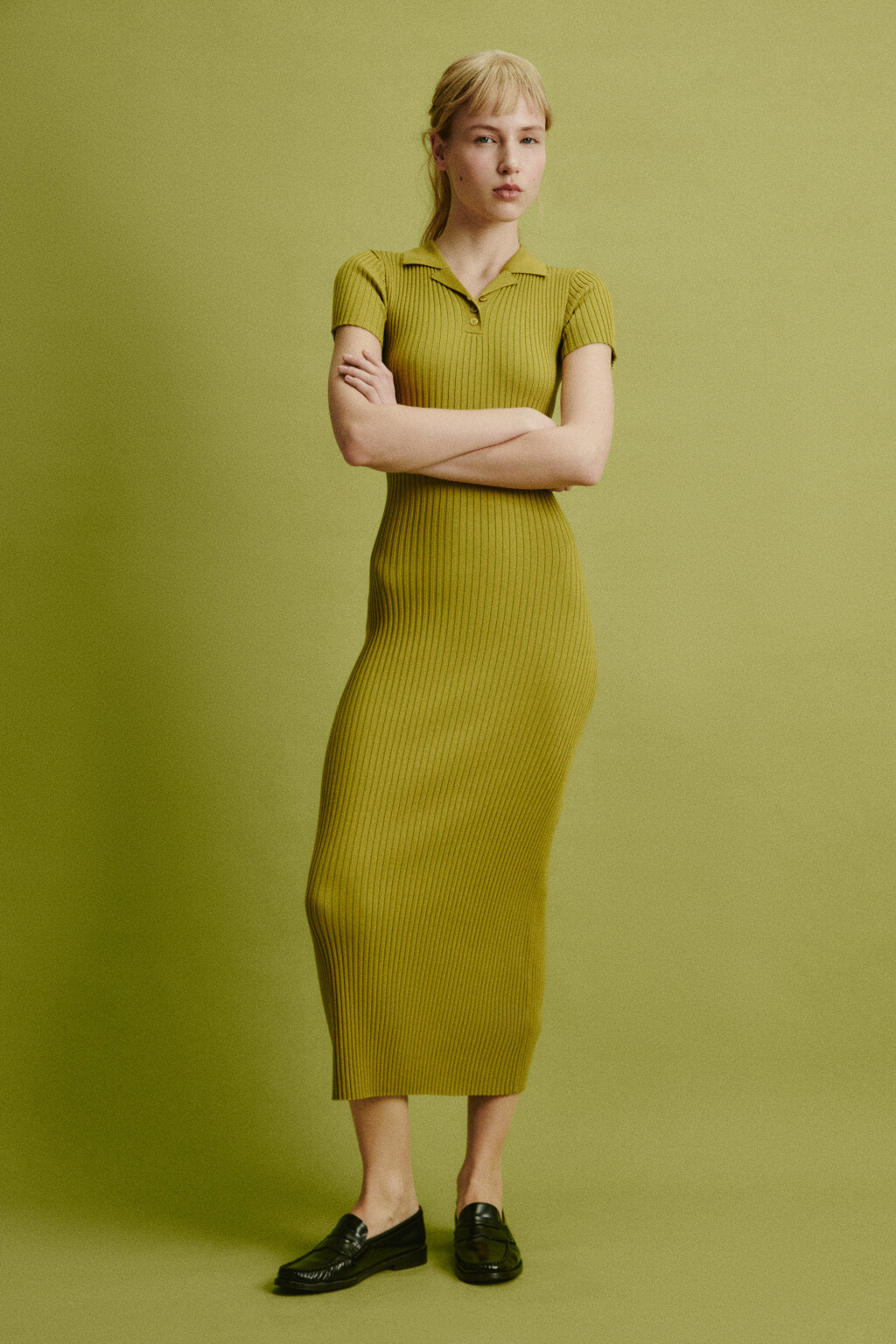 Платье-поло макси облегающее в рубчик - цвет зеленый - 5