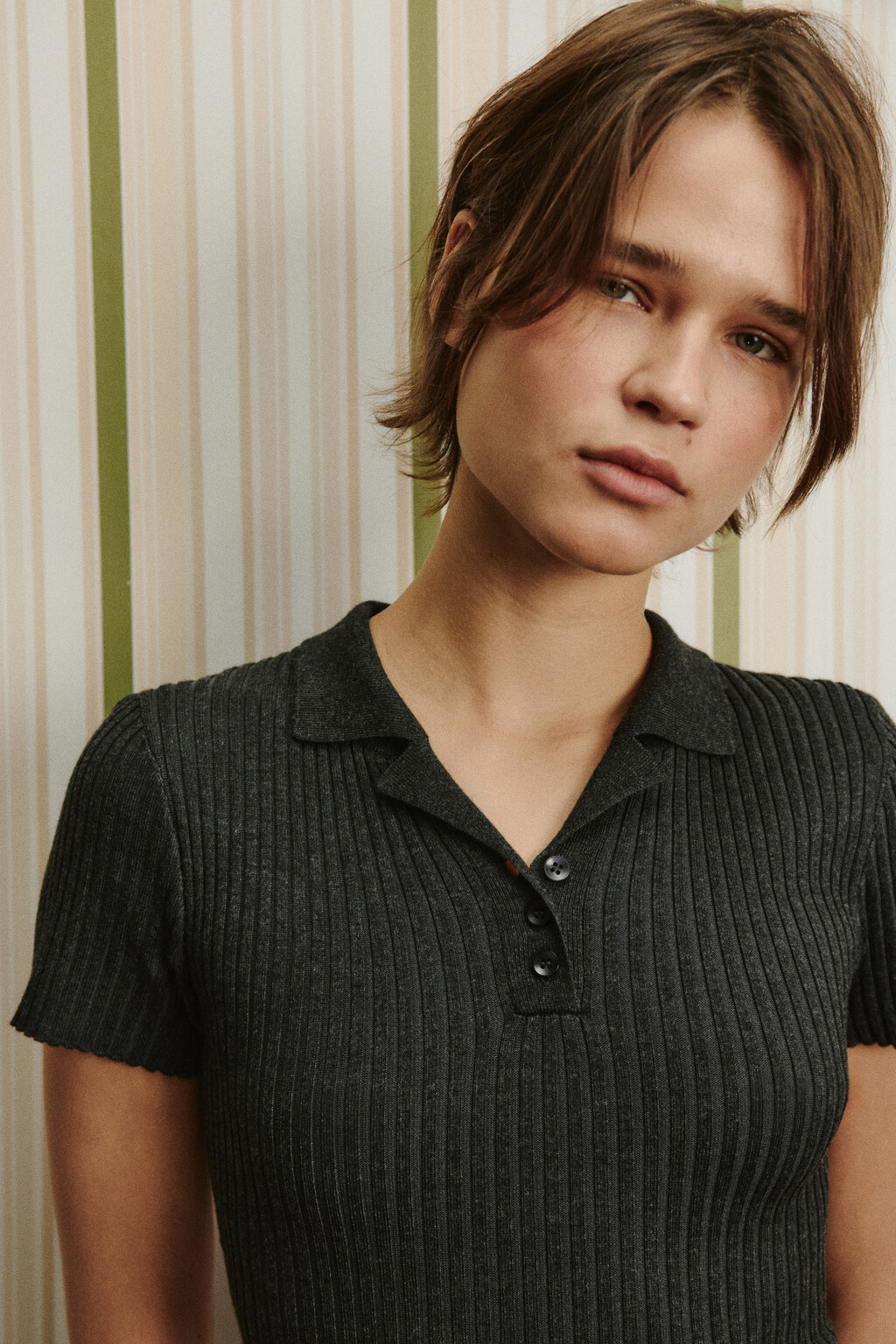 Платье-поло макси облегающее в рубчик - цвет серый - 6