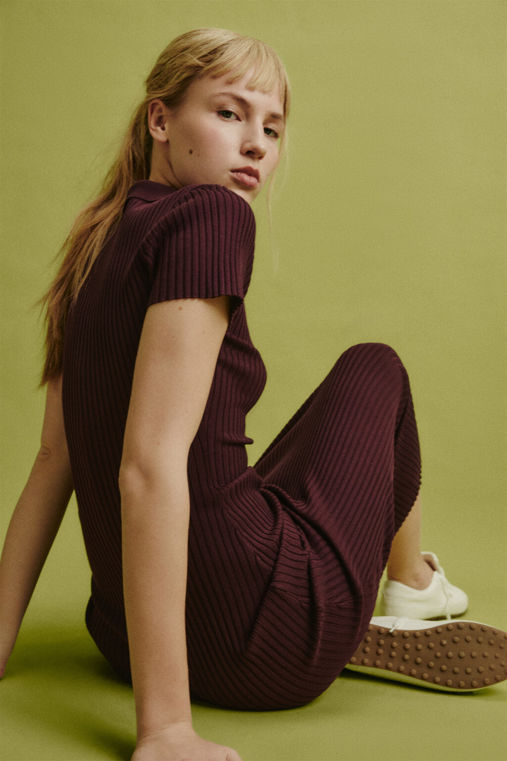 Платье-поло макси облегающее в рубчик - цвет бордовый - 1