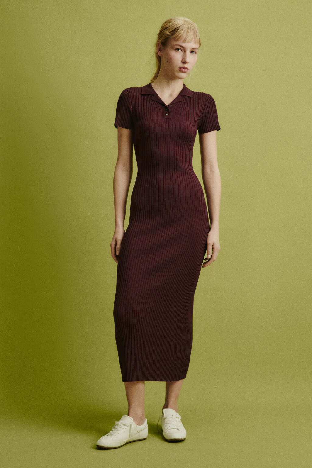 Платье-поло макси облегающее в рубчик - цвет бордовый - 2