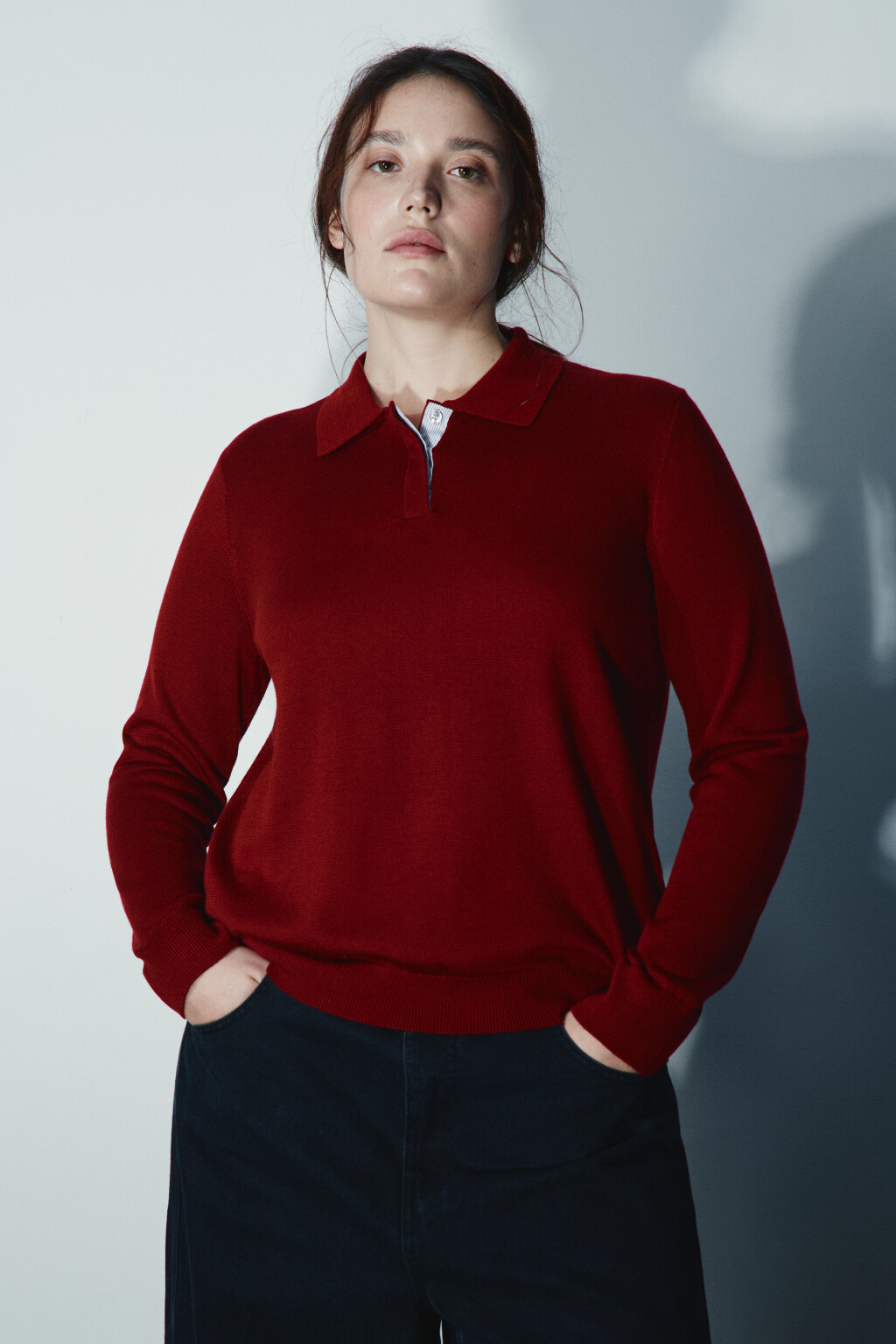 Джемпер-поло вязаный больших размеров - цвет бордовый - 3