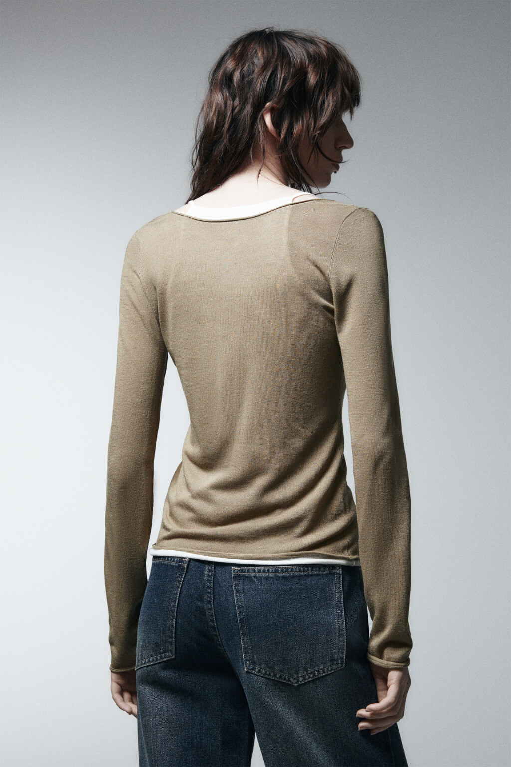 Джемпер вязаный с имитацией второго слоя - цвет зеленый - 4