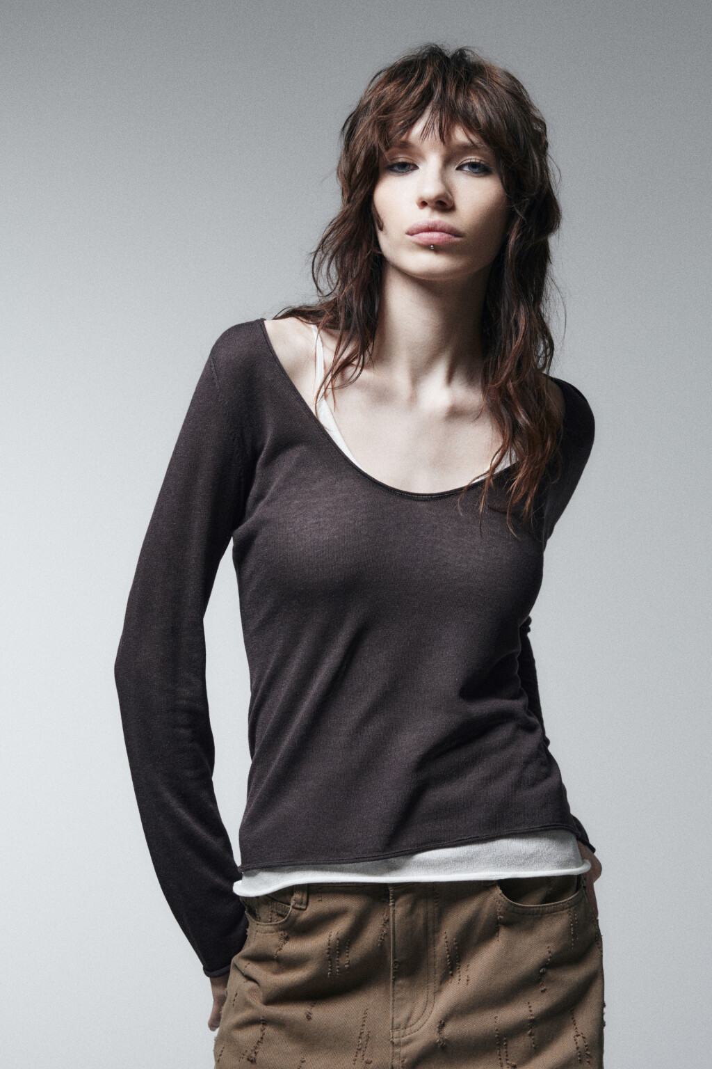 Джемпер вязаный с имитацией второго слоя - цвет серый - 4