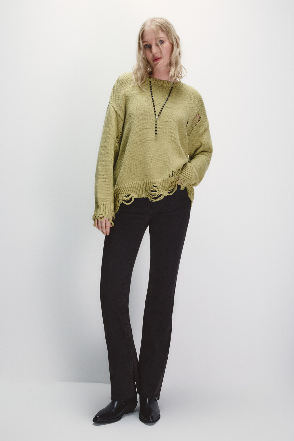 Джемпер вязаный с рваным декором - цвет зеленый - 4