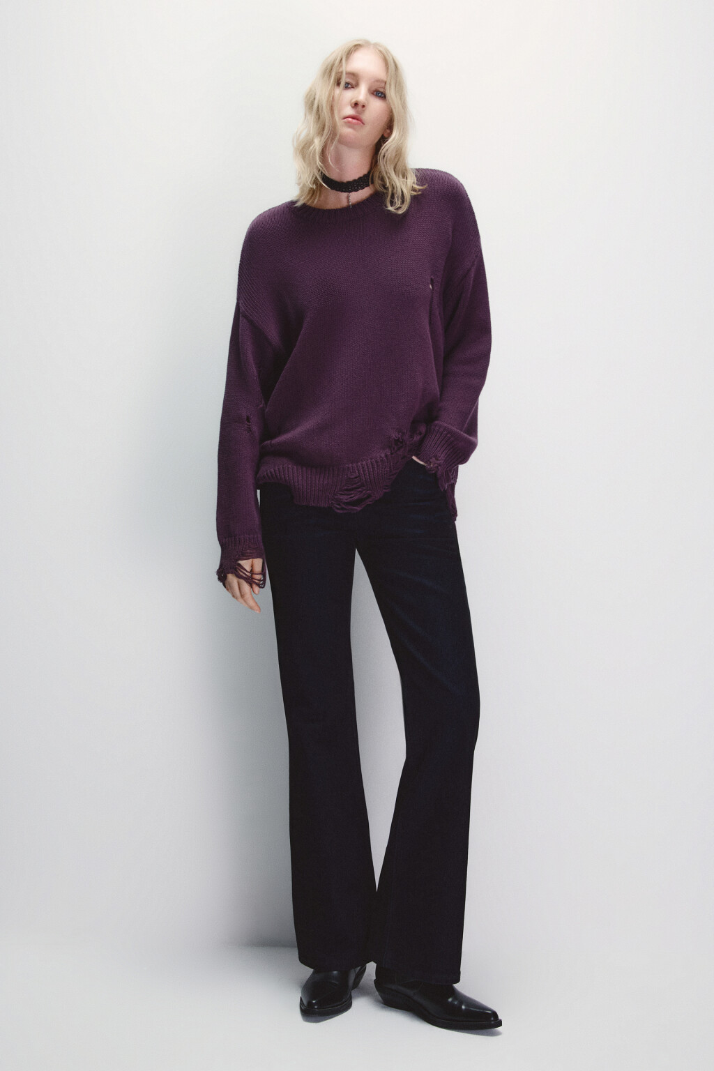 Джемпер вязаный с рваным декором - цвет фиолетовый - 4